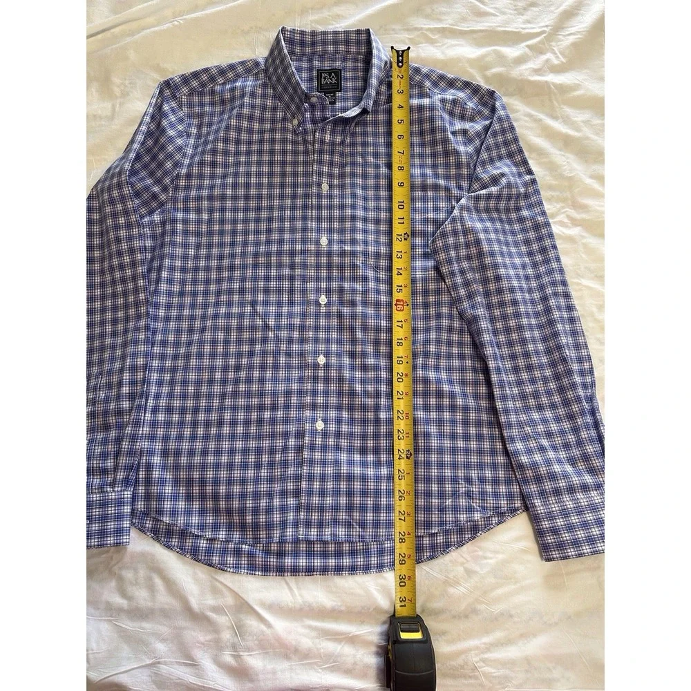 Jos A Bank Traveler  Shirt Mens XL Blue Purple Plaid‎ Slim Fit Dress Button Up